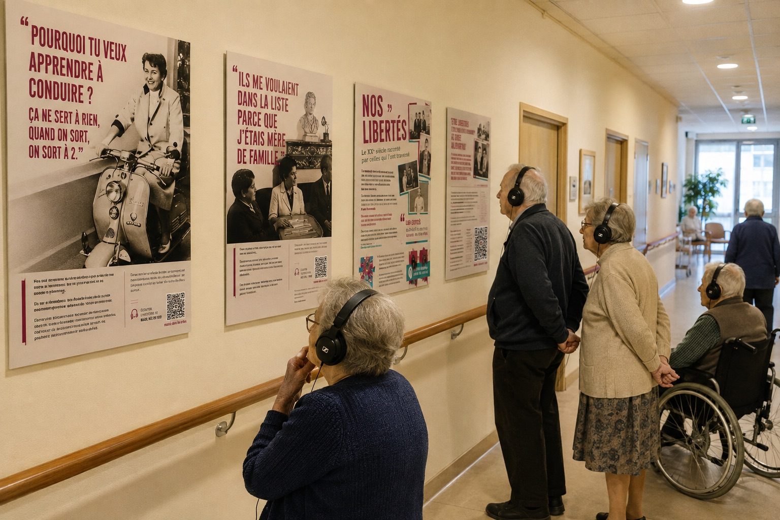 Des résidentes écoutent l'exposition Nos libertés avec des casques dans un couloir