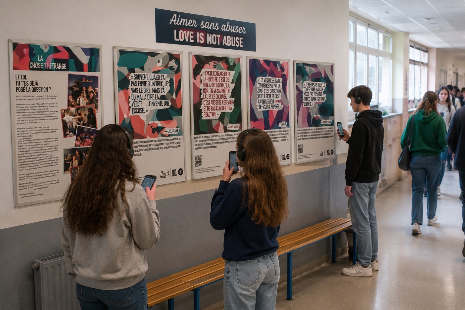 Exposition L'Amour Safe installée dans un couloir de lycée