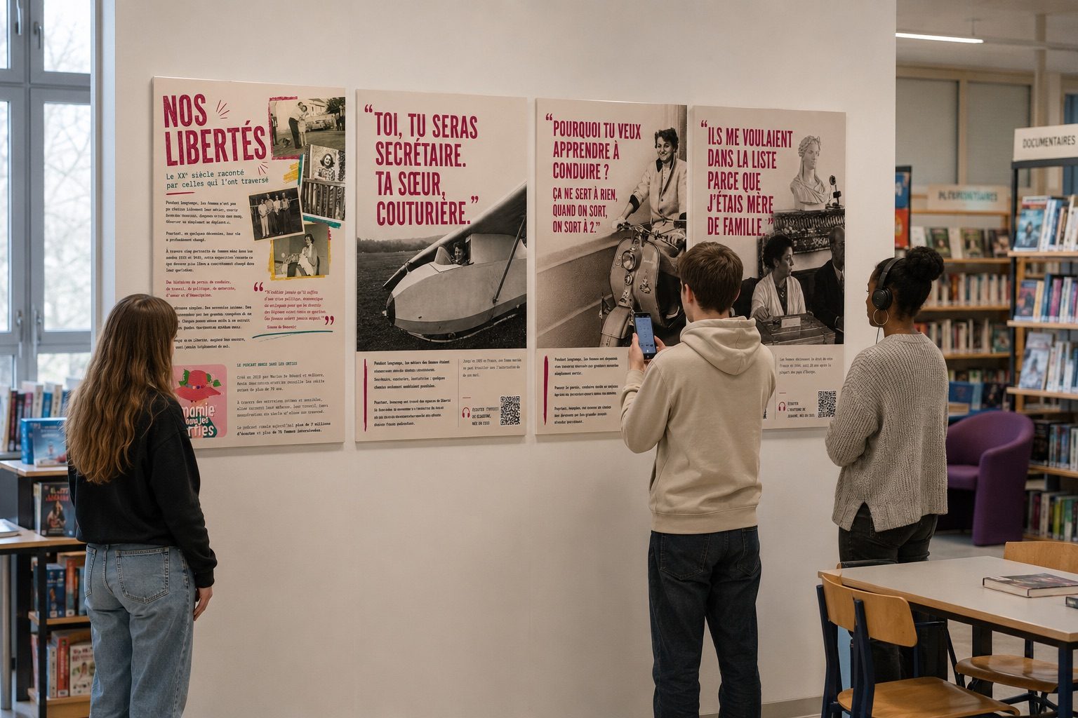 L'exposition Nos libertés installée en médiathèque, quatre panneaux visibles
